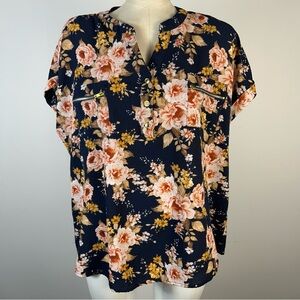 ❤️ Flower and Feather Floral Button-Up Blouse - Navy and Peach 2XL